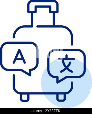 Wheeler-Gepäck und Sprachblasen in Fremdsprachen. Studentenaustauschprogramme reisen. Pixelperfektes, bearbeitbares Konturvektorsymbol Stock Vektor