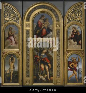 Cesare da Sesto (1477-1523). Italienischer Renaissance-Maler. Polyptychon des heiligen Rocco, 1523. Von oben nach unten, (Mitte): Madonna und Kind, St. Rocco; (rechts): St. Johannes der Evangelist und St. Christoph; (links): St. Johannes der Täufer und St. Sebastian. Öl auf Holzplatte. Pinacoteca Castello Sforzesco, Mailand, Italien. Stockfoto