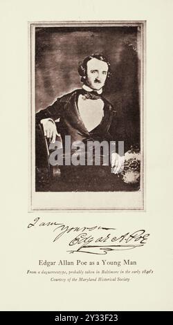 Seite aus Israfels Buch - The Life and Times of Edgar Allan Poe (1934) mit einem Porträt von Edgar aus Daguerreotype, das wahrscheinlich früh in Baltimore aufgenommen wurde. Einschließlich Poes Unterschrift - 1840er Jahre Stockfoto