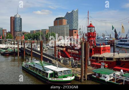 Europa, Deutschland, Hamburg, Elbe, HafenCity, Kehrwiederspitze, Columbus Haus, Hanseatic Trade Center (HTC), Glasfassade, Rundbau, Elbphilharmonie, Stockfoto