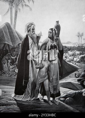 Illustration von Abraham, der Hagar und seinen Sohn Ishmael aufgibt, während seine Frau Sarah und sein Sohn Isaac auf (Genesis) aus dem Gemälde von Horace Vernet in 19t schauen Stockfoto