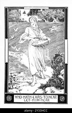 Art Deco Illustration des Gleichnisses vom Sämann aus der Antike 1909 Ausgabe des Kinderbuches des Neuen Testaments von Mrs. C. D Francis Stockfoto