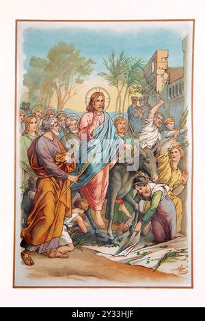 Art Nouveau Illustration Einzug Jesu in Jerusalem mit Anhängern, die Tücher nehmen und auf den Boden legen, damit der Esel auf dem Boden laufen kann (GOS Stockfoto