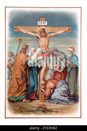 Art Deco Illustration der Kreuzigung Jesu Christi mit Jungfrau Maria und dem Heiligen Johannes unter dem Kreuz (Evangelium) aus der Antike 1909 Ausgabe des C. Stockfoto