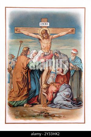Jugendstilillustration der Kreuzigung Jesu Christi mit Jungfrau Maria und dem Heiligen Johannes unter dem Kreuz (Evangelium) aus der Antike 1909 Ausgabe von Th Stockfoto