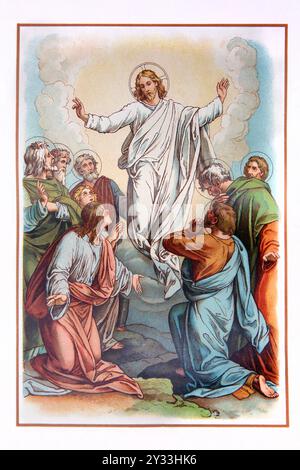 Jugendstilillustration der Himmelfahrt Jesu Christi (Evangelium) aus der Antike 1909 Ausgabe des Kinderbuchs des Neuen Testaments Geschichte von Mrs. C. D Stockfoto