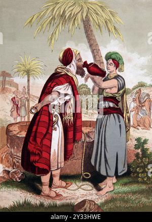 Illustration von Rebekah, der Abrahams Diener Eliezer Wasser aus dem Brunnen anbietet (Genesis) aus der selbstinterpretierenden Familie BI des antiken 19. Jahrhunderts Stockfoto