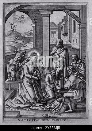 Die Anbetung der Hirten durch Jeronimus Wierix, die Geburt Jesu Christi mit Figuren in Demble Hingabe darstellt Wierix, Jeronimus, 1553-1619 Stockfoto