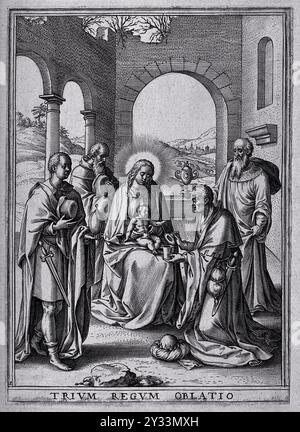 Drei Könige knien vor der heiligen Familie und präsentieren Geschenke aus Gold, Weihrauch und Myrrhe in einer ruhigen, antiken Umgebung, die in einem Gravur von H. Wierix festgehalten wurde. Wierix, Hieronymus 1553-1619. Stockfoto