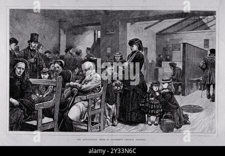 University College Hospital, London: Wartezimmer und Apotheke der ambulanten Patienten. Holzstich, 1872. Stockfoto