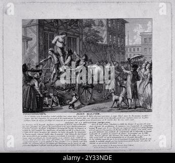 Boston, Massachusetts: John Malcolm, ein Zollbeamter, wird von seinem Haus aus mit Seilen auf einen Wagen gesenkt und von einer Menge geteert und gefiedert, die gegen Steuern protestiert. Stich von F. Godefroy, 1784. Godefroy, Frankreich, 1743?-1819 Datum: [1794] Stockfoto