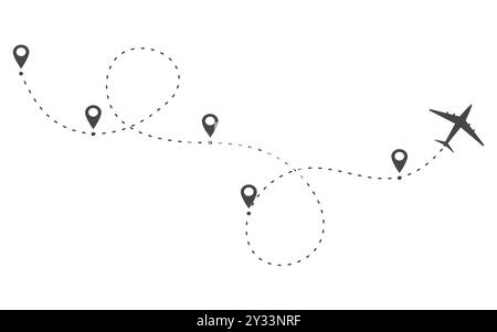 Flugzeug-Zeiteinlauf gestrichelte Linie mit Pin. Infografik-Ziel-Arbeitsvorlagenvorlage. Flugzeugsymbole, Roadmap-Infografik und Routen mit Standort. Vektorabbildung Stock Vektor