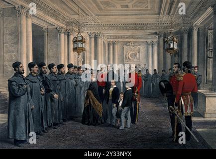 Krimkrieg, England: Königin Victoria und Prinz Albert inspizieren die verwundeten Grenadiergarden im Buckingham Palace. Farblithographie von G. Thomas nach sich selbst, 1855. Datum: 9. April 1855 Stockfoto