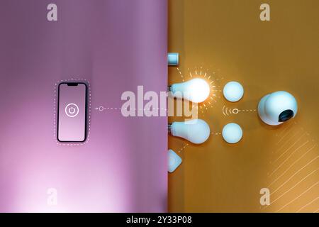 Diagramm für Smart-Home-Geräte. Glühlampe ein. Sicherheitskamera und Bewegungsmelder. Stockfoto