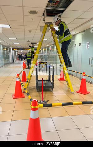 Ein Mann in einer gelben Sicherheitsweste steht auf einer Leiter in einem Gebäude. Um ihn herum sind Orangenkegel. Jorge Chavez International Airport Stockfoto