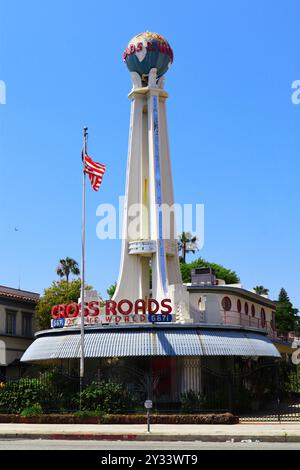 Crossroads of the World, erbaut 1936, ist ein historisches Wahrzeichen in Hollywood am 6671 Sunset Blvd, Los Angeles Stockfoto