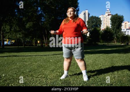 Eine selbstbewusste Frau dehnt sich im Park im Freien. Stockfoto