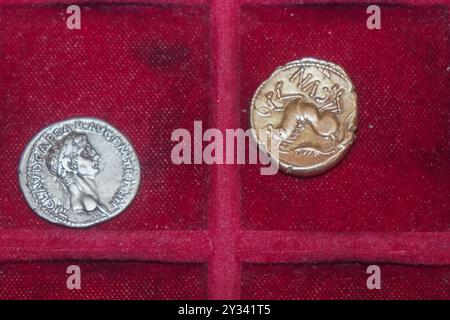London, Großbritannien. 12 . September 2024 . Ein Hord von über 680 Gold- und Silbermünzen aus dem Jahr 206 v. Chr. bis zum Kaiser Claudius im Jahr 46/47 n. Chr., der von Metalldetektor George Ridgway auf dem Gelände der Helmingham Hall in der Nähe von Stowmarket in Suffolk entdeckt wurde. Der Verkauf findet am 18. September in Noonan;s Mayfair statt Credit: Amer Ghazzal/Alamy Live News Stockfoto