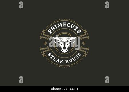 Grill frisches Grill Steak Luxus Retro Kreis Logo Design Vorlage Stierkopf Vektor flache Illustration. Premium-Fleischerei Fleischerei Rindfleisch Roast Men Stock Vektor