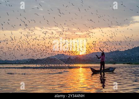 Ein fischer hat sein Netz in Lake Victoria Uganda geworfen Stockfoto