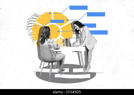 Zusammengesetzte Fotocollage von zwei glücklichen alten Mädchen Kollegen Bewerbungsgespräch Einstellung freiberuflicher macbook Arbeit isoliert auf gemaltem Hintergrund Stockfoto