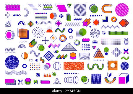 Memphis geometrische Formen und abstrakte Elemente. Vector 80er oder 90er Jahre trendiges Ornament im Hipster-Stil mit modernen farbenfrohen Figuren. Muster oder Hintergrund mit linearen Details, Punkten, Dreiecken und Wellen Stock Vektor