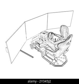 Umriss eines Mädchens, das an einem realistischen Spielsimulator sitzt, mit Lenkrad, Pedalen und drei Monitoren aus schwarzen Linien, die auf einem weißen bac isoliert sind Stock Vektor