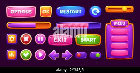 Candy Sweet Game Interface. Fenster, Optionen, Einstellungen, Platten mit ui-Schaltflächen, Fortschrittsbalken und gui-Elemente. Hochglanz-Bedienfelder mit Lutscher-Schieberegler, 2D-App-Design-Vorlagen-Set Stock Vektor