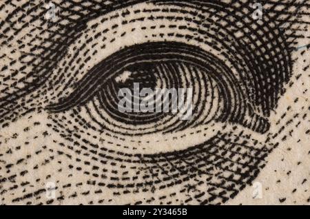 Benjamin Franklins Auge, Detail aus einem Porträt eines 100-Dollar-Scheines. us-Geld-Nahaufnahme. Ultra-Makrofotografie. Stockfoto