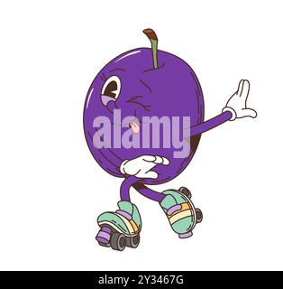 Cartoon-groovige PflaumenRetro-Figur. Isolierte Vektor-Vintage-Persönlichkeit mit Reifen Früchten, die Handschuhe und Rollschuhe trägt, eine lustige Pose mit einem verspielten Ausdruck anschlägt, die Zunge hervorhebt und zwinkert Stock Vektor