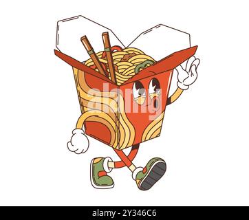 Retro-Nudelbox mit groovigem Charakter. Isolierte Vektor-Take-Out-Wok-Paket-Persönlichkeit mit fröhlichem Ausdruck und Stäbchen, die herausragen, das Gehen in lebendiger Weise verströmt unbeschwerte appetitliche Vibes Stock Vektor