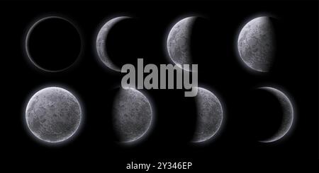 Mondsichelphasen am Nachthimmel. Realistischer 3D-Vektorsequenzrahmen zeigt den Mond-Satelliten in unterschiedlichen Formen von Sonnenfinsternis, Abnehmen und Wachsen bis hin zum Vollmond. Natürlicher mondaler astronomischer Zyklus Stock Vektor