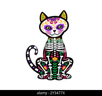 Tag der toten mexikanischen Katze Tier Skelett Tattoo. Vector Sugar Skull Kätzchen Figur mit Skelettknochen und Blumenmuster, symbolisiert Feier und mexikanische Kultur für Muertos und Halloween Stock Vektor