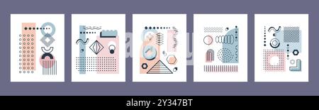 Abstrakte geometrische Memphis-Poster mit grafischen Formen und Elementen. Moderne Vektor-Karten oder Cover-Vorlagen mit weichen Pastellfarben und minimalen Mustern im Stil der 80er Jahre strahlen trendige eklektische Ästhetik aus Stock Vektor