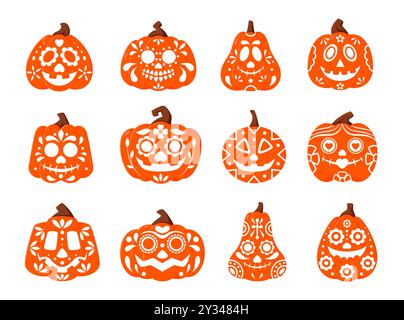 Mexikanische Kürbisse, Dia de los muertos-Zeichen mit Zuckerschädelmuster. Vektor lustige und gruselige Halloween Calaca Kürbis Gesichter, Symbol der Feier des reichen Erbes, der Kultur und der Folklore Mexikos Stock Vektor