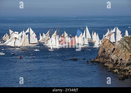 Die große Parade von großen Schiffen und traditionellen Segelbooten (Brest nach Douarnenez). Seefahrtsfestival Brest 2024 (Finistère, Bretagne, Frankreich). Stockfoto