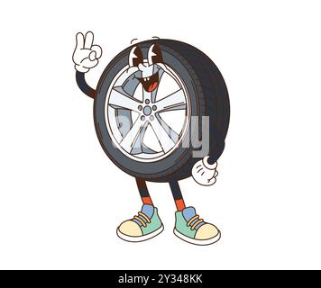 Grooviger Retro-Cartoon-Autoreifencharakter mit fröhlichen Ausdrücken und lebendigen Schuhen, die das OK-Schild hoch halten. Isolierte Karikaturvektor-Reifenpersönlichkeit fördert den Automobilservice mit spielerischer und lustiger Atmosphäre Stock Vektor