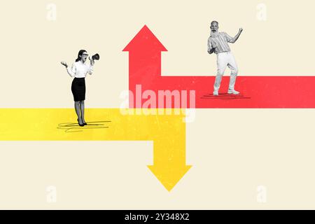 Composite Artwork Collage Bild Bild von zwei Mini-Personen Lautsprecher heben Fäuste Pfeil nach oben nach unten isoliert auf kreativem Hintergrund Stockfoto
