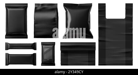 Realistisches schwarzes 3D-Modell. Bar und Soße, Beutel und Müllbeutel, Feuchttücher und Beutelverpackungen. 3D-Vektorsatz von Modellen für Produkte und Warenpräsentationen und Werbeaktionen Stock Vektor