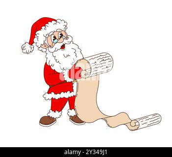 Retro grooviger Weihnachtsmann mit Wunschliste für Winterferien, Vektor-Zeichentrickfigur. Lustiger grooviger Weihnachtsmann, der Weihnachten oder Neujahr Wunschliste für Geschenke von Kindern auf langer Papierrolle liest Stock Vektor