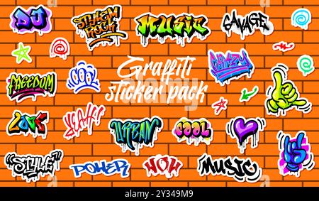 Graffiti Urban Street Art Aufkleber Pack. Vektor lebendige Wörter wie Musik, Stil, Wilde, Liebe und cool. Wow, Musik, ja, Macht oder Freiheit zusammen mit urbanen Street-Art-Symbolen auf einer Ziegelwand Stock Vektor