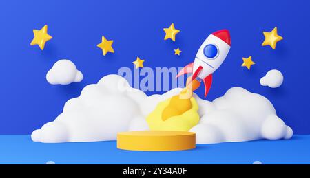Kinderpodium mit Sternen und Weltraumrakete. 3D-Vektorbühne mit Shuttle-Start am Nachthimmel mit Wolken und Funkeln. Produktpräsentation für Kinder, Ständer, Sockel mit Cartoon-Spielzeug-Raumschiff, das hochfliegt Stock Vektor