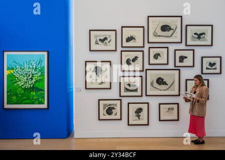 London, Großbritannien. September 2024. David Hockney, The Arrival of Spring in Woldgate, East Yorkshire, 2011 (21. April) - 30. April 2011, Schätzung von 70.000 £ - 90.000 und Dog Wall, 1998, Schätzung: 200.000 £ - 300.000 – Phillips, London, zeigt eine Vorschau auf die Auktionen der David Hockney Highlights und der Evening & Day Edition. Sie ist vom 12. Bis 19. September vor den Auktionen am 19. Und 20. September für die Öffentlichkeit zugänglich. Guy Bell/Alamy Live News Stockfoto