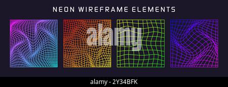 Bunte Drahtmodellformen, gefüttertes perspektivisches Netz, 3D-Raster. Geometrische Elemente mit niedrigem Poly. Futuristische Retro-Designelemente, y2k, Vaporwave und Stock Vektor