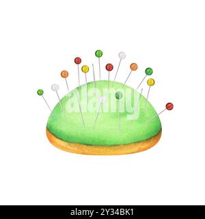Ein Kissen mit metallischen Nadeln und Nadeln. Clipart wird vernäht. Maßgeschneiderte Artikel. Needlecraft-Produkt. Handgezeichnete Aquarellillustration. Stockfoto