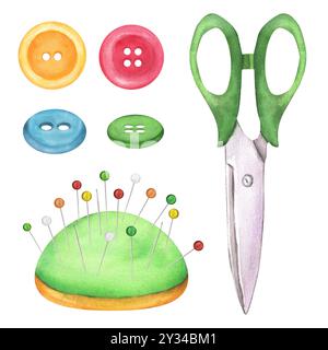 Ein Bündel von Nähelementen. Needlecraft-Kit. Knöpfe, Schere, Kissen. Maßgeschneidert. Handgezeichnete Aquarellbilder. Stockfoto