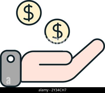 Geschäftsmann hält zwei Dollar-Münzen in offener Hand Stock Vektor