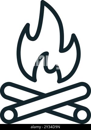 Minimalistisches Line Art Symbol eines Lagerfeuers, das auf Holzstämmen brennt, perfekt für Camping- und Outdoor-Abenteuer Stock Vektor