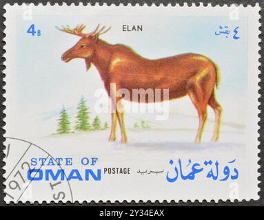 Gestempelte Briefmarke von Oman, die Elan zeigt, um 1972. Stockfoto