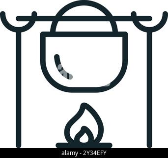 Minimales Line Art Symbol eines Kochtopfes, der über einem Lagerfeuer hängt Stock Vektor